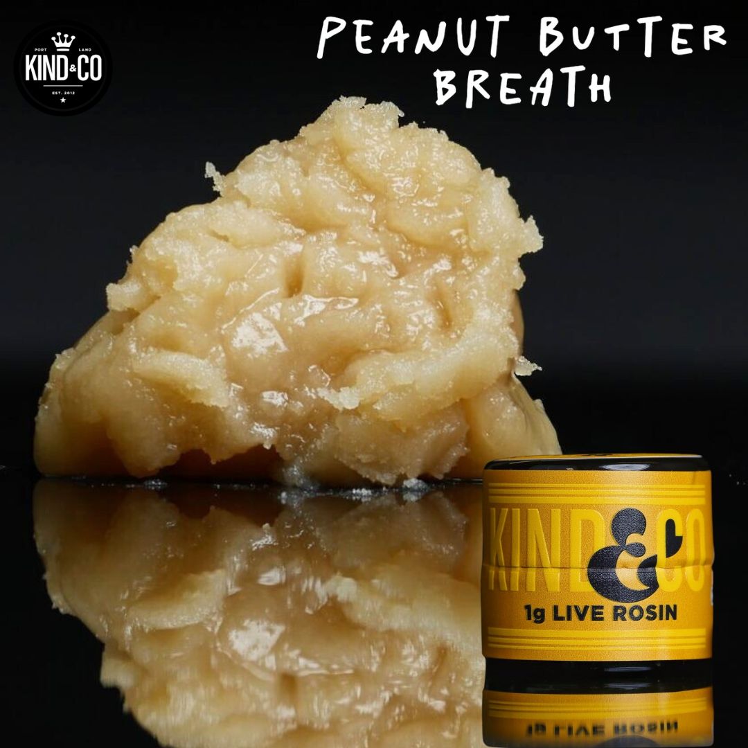 Peanut Butter Breath live rosin next to a 1 gram Kind & Co jar